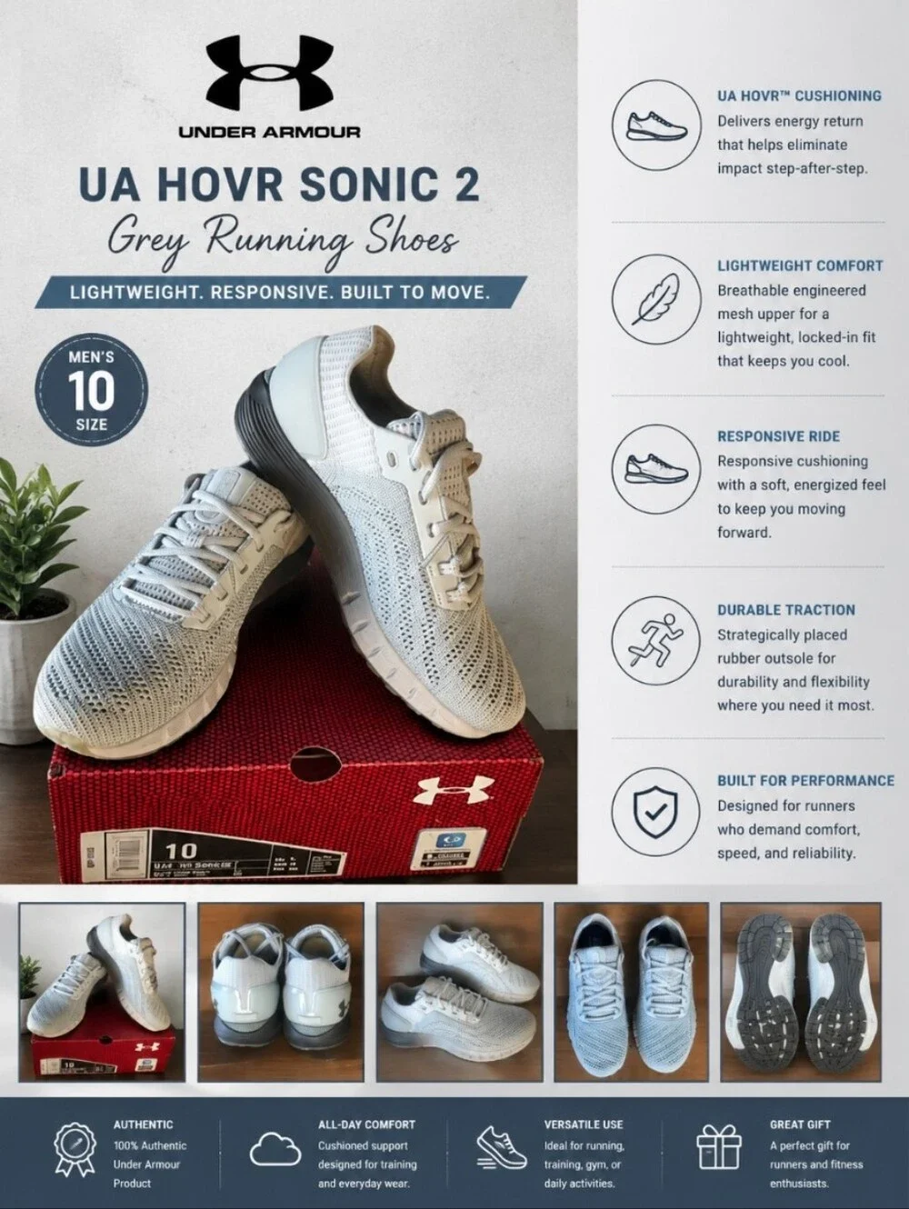 UNDER ARMOUR UA HOVR Sonic 2 Grey Running Shoe 10